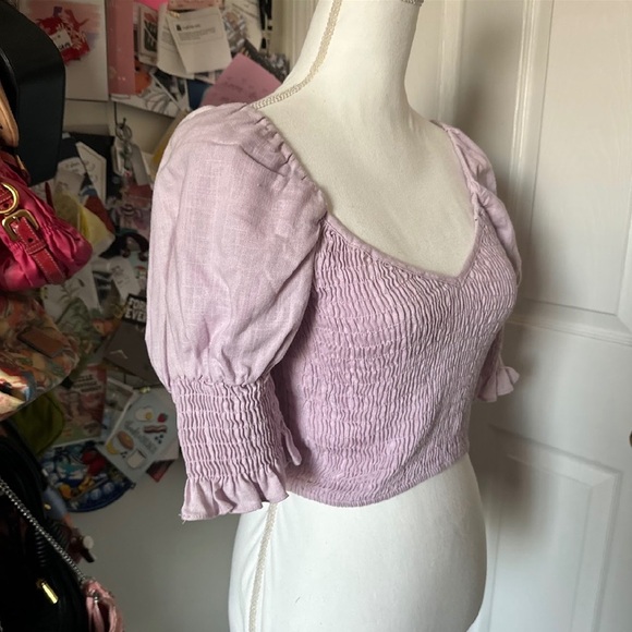 Misa Los Angeles Pink Puff Sleeve Smocked Crop Top Medium - Picture 3 of 5